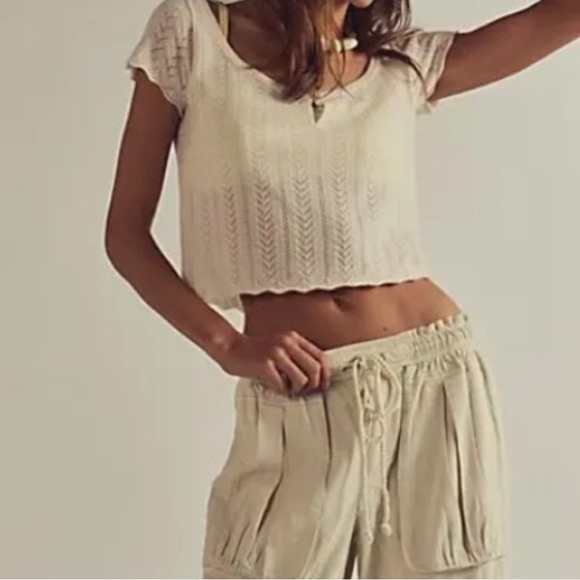 Free People Short-Sleeve Timeless Cream Cashmere Sweater Women Size Small - Picture 5 of 5